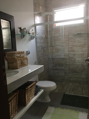 Hair dryer, towels, soap, toilet paper