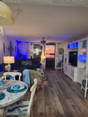 Smart TV, fireplace, DVD player, books