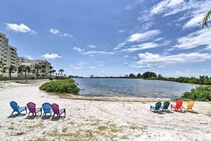 On the beach, sun-loungers, beach towels