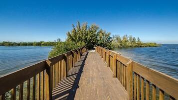 A wooden boardwalk leading to a natural area with dense vegetation and a clear blue sky.