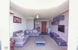 Ein modernes Wohnzimmer mit einem grauen Sofa, einem Couchtisch, einem Fernseher und einer Küchenzeile im Hintergrund.