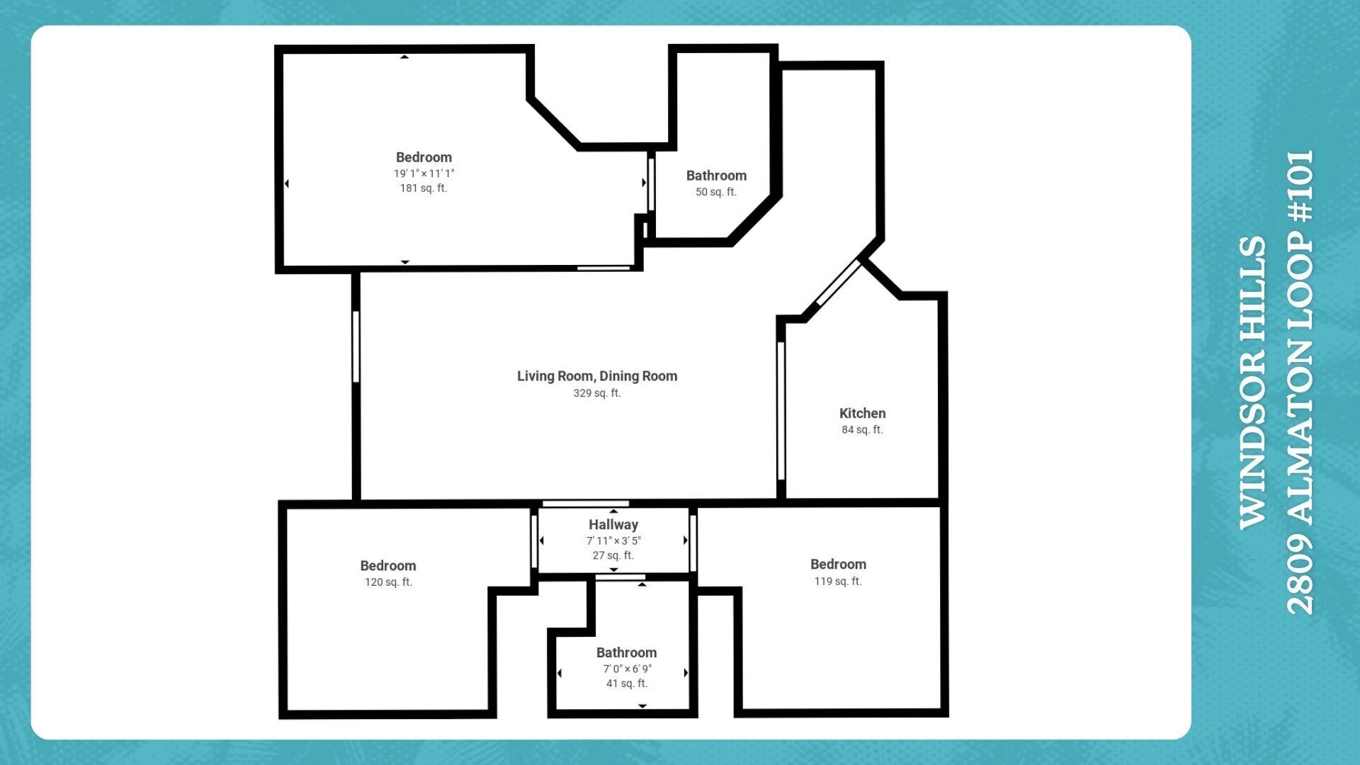 Ein Grundriss eines Hauses mit zwei Schlafzimmern, einem Badezimmer, einer Küche, einem Wohn-/Esszimmer und einem Flur.