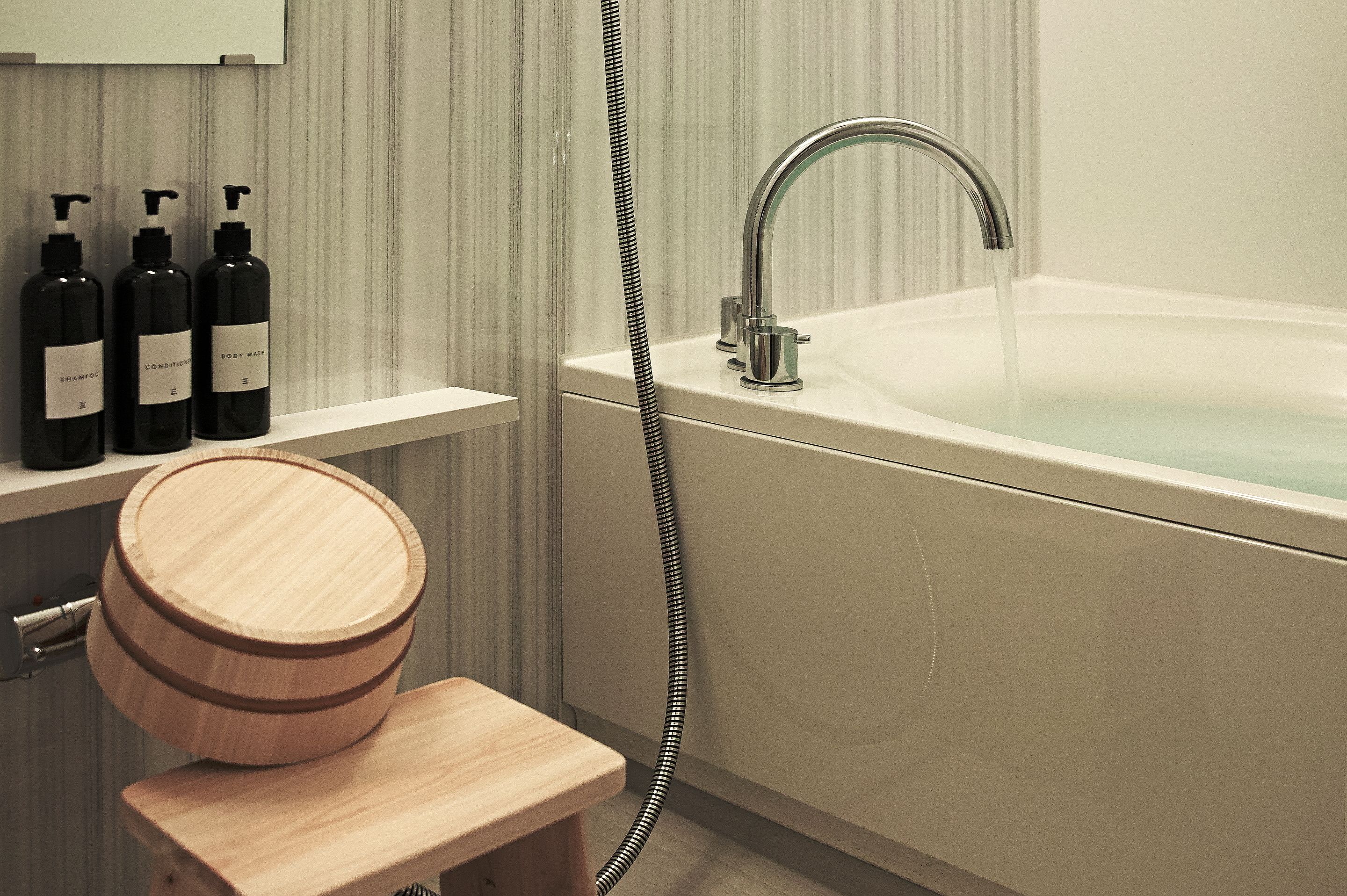 japanese-western style quadruple room | bathroom | free toiletries, hair dryer, slippers, bidet