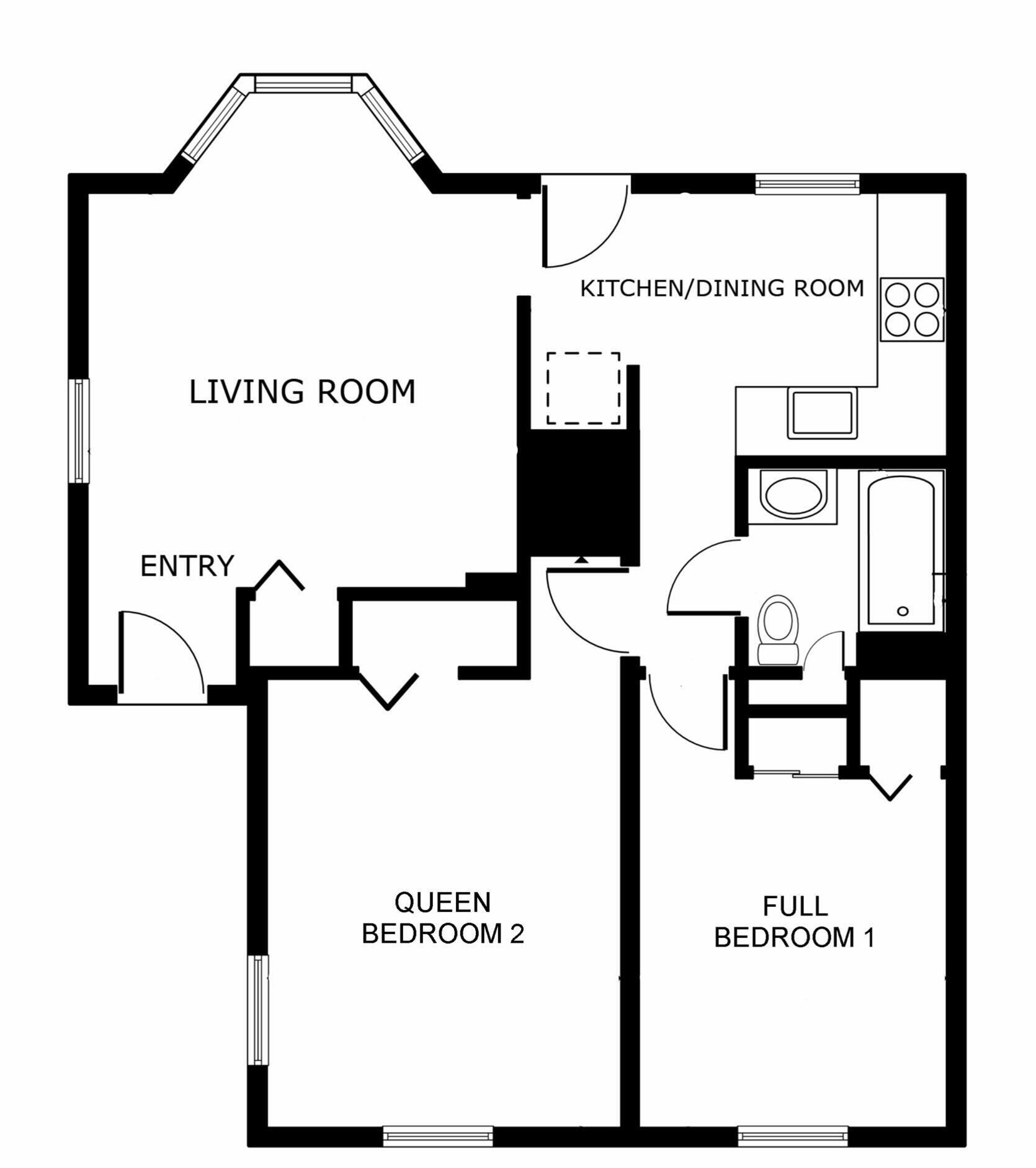 A floor plan with a living room, kitchen/dining room, queen bedroom 2, and full bedroom 1.