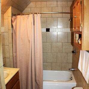 Combined shower/tub, hair dryer, towels, soap