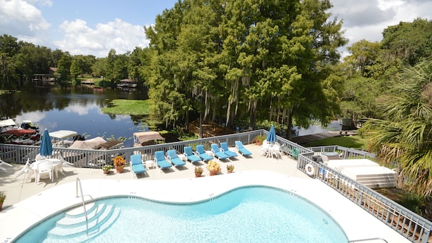 A swimming pool with lounge chairs and umbrellas, surrounded by a fence and trees. - Sacino Condo Withlacoochee Rainbow River (Dunnellon)