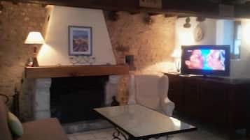 Una televisión, una chimenea