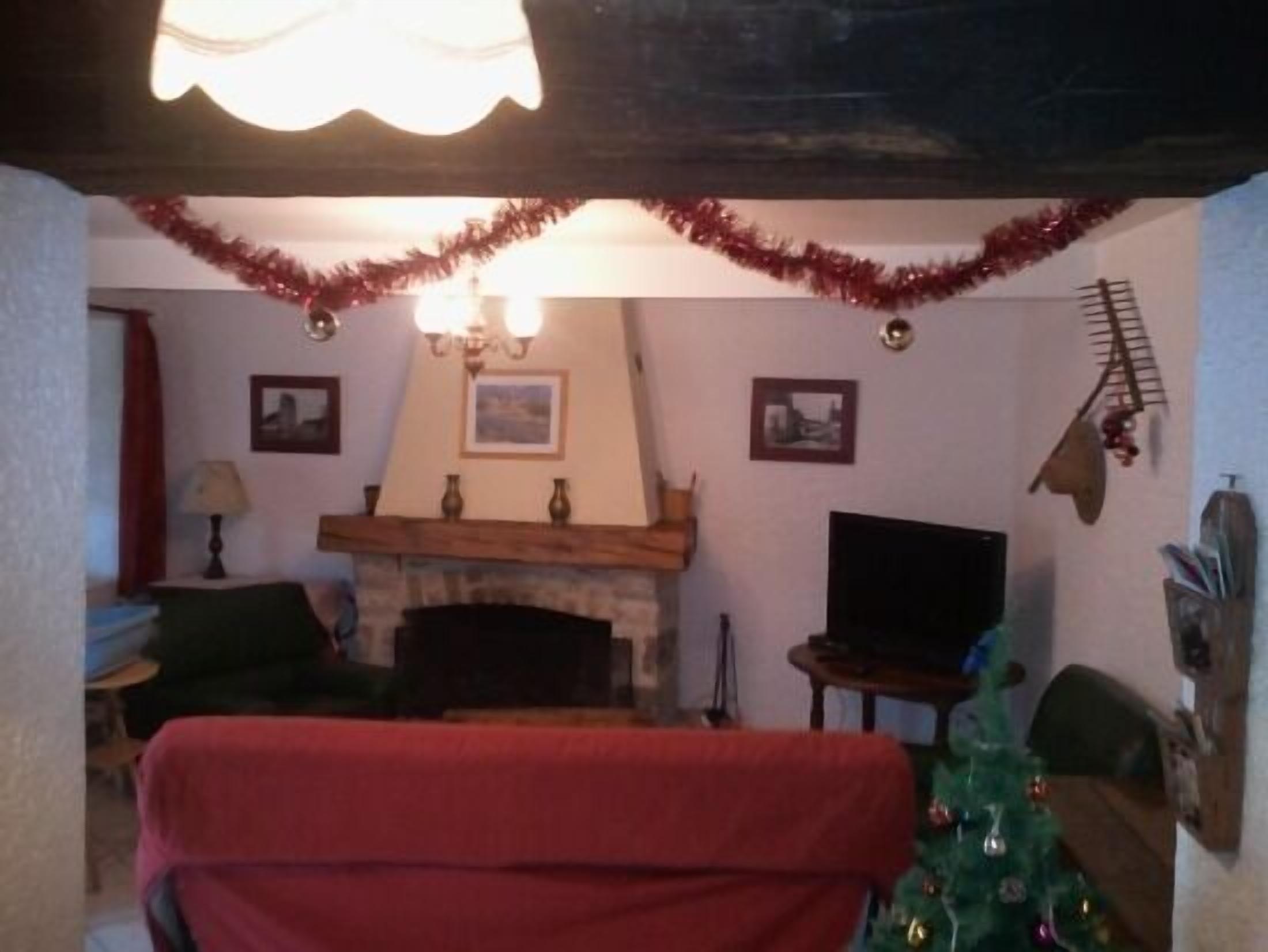 A cozy living room with a fireplace, a television, and a Christmas tree.