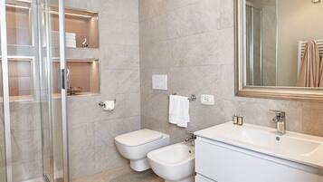 Shower, hair dryer, bidet, towels
