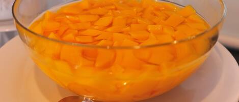 A clear glass bowl filled with diced mango on a white plate, accompanied by a spoon.