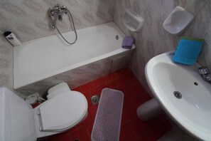 Tina, secadora de cabello, toallas, papel de baño