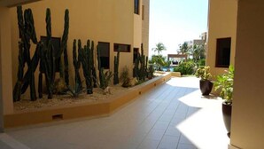 A corridor with a cactus garden, a tiled floor, and a view of buildings in the distance. - El Faro 303 Surf (Playa del Carmen)