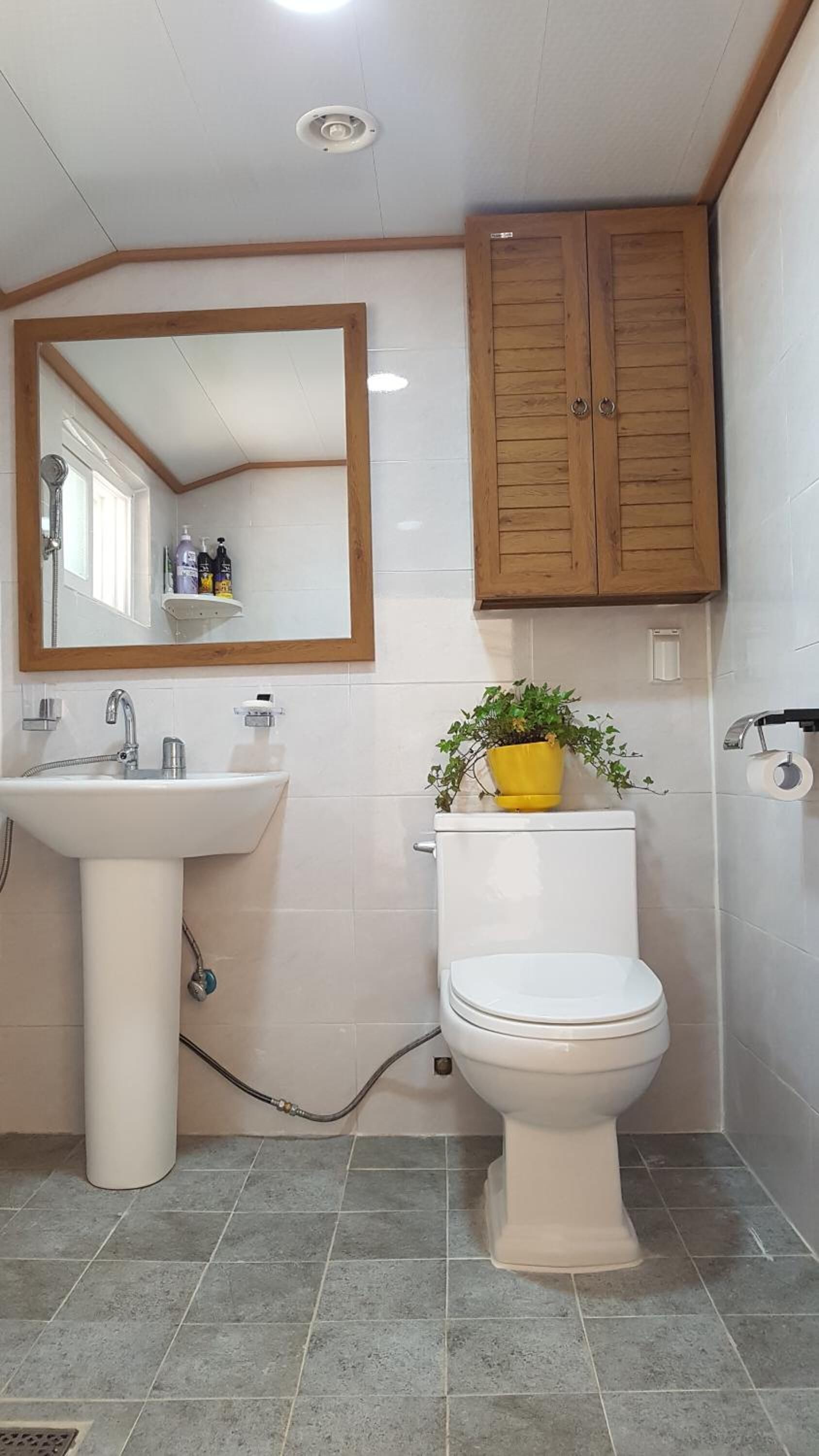 A bathroom with a sink, toilet, and mirror.