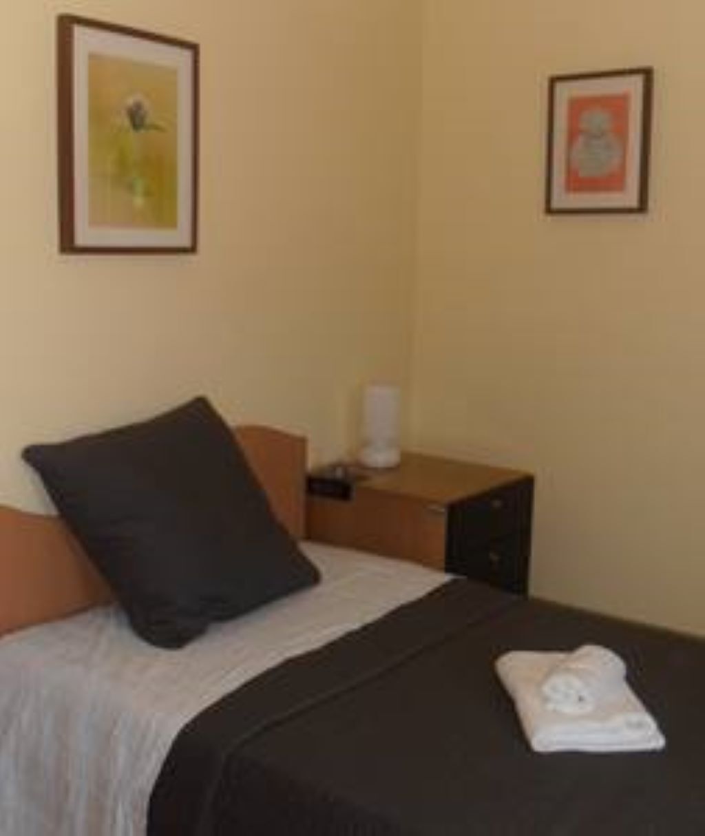 Une chambre d’hôtel avec un lit, une table de chevet, un tableau encadré au mur et un oreiller sur le lit.