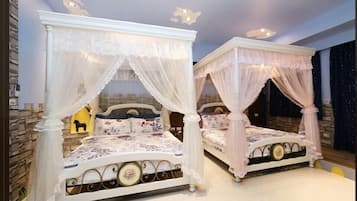 Desk, blackout drapes, soundproofing, rollaway beds