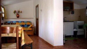 Ein kompakter Wohnbereich mit Essplatz, einer Küchenzeile und einem Sofa.