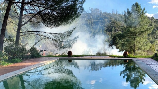 Una piscina con el reflejo claro de árboles y una colina al fondo.