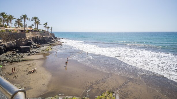 A beach with rocky terrain and palm trees. - Aguila Beach Ocean View By CanariasGetaway (Maspalomas)