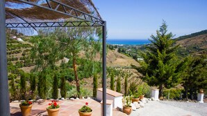 Eine Terrasse mit Kübelpflanzen und Blick auf eine Küstenlandschaft.