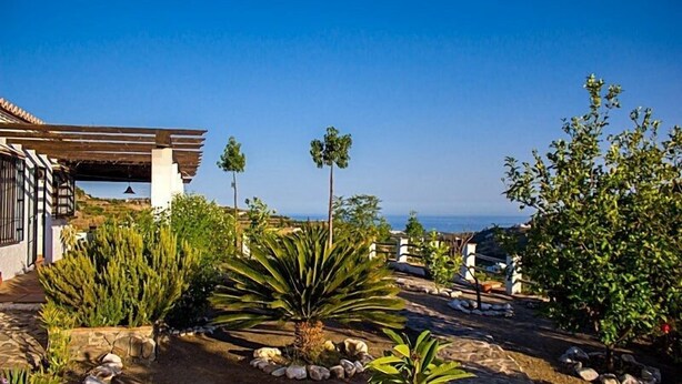 Ein Garten mit einer Pergola, verschiedenen Pflanzen und Blick auf das Meer.