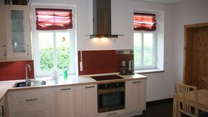 Eine moderne Küche mit Einbauofen, Spüle und einem Fenster mit roten Vorhängen.