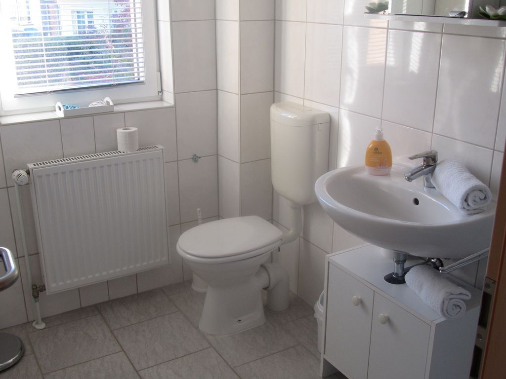 Een badkamer met toilet, een wit wastafel, een radiator en een raam met zonwering.