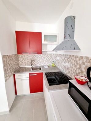 Fridge, stovetop, dishwasher, coffee/tea maker