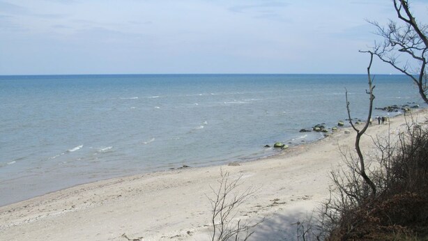 Ein Strand mit sandigem Ufer und Felsen.