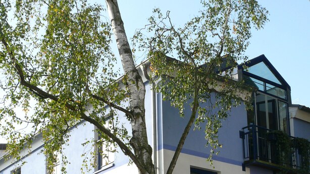 Ein zweistöckiges Gebäude mit Balkon und Holzzaun.
