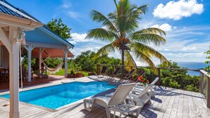 A wooden deck with a pool, lounge chairs, and a palm tree. - Villa Vue Sauvage in Tartane, in the Caravelle nature reserve. (LA TRINITÉ)