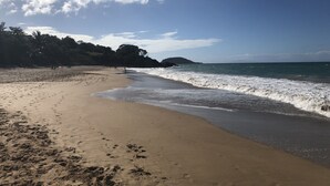 Une plage avec un rivage sablonneux, des vagues douces et un ciel dégagé.