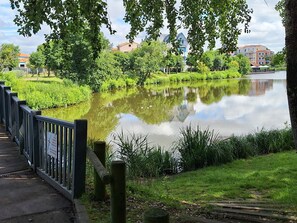 A serene park with a pond, a wooden fence, and buildings in the background.