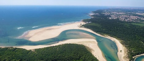 Ett flygbildsfoto av ett kustområde med en strand, en slingrande vattenväg och ett skogbeklätt landskap.
