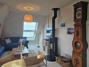 Smart TV, fireplace, DVD player, books