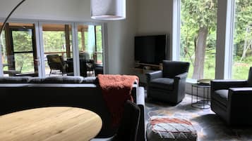 Smart TV, lareira, livros, videoteca