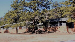 Surrounded by nature, this cabin offers a peaceful retreat with a chimney and multiple windows.