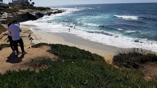 A beach with a rocky shoreline, waves crashing onto the sand, and a person taking a photo. - Ocean & Lagoon View Studio, Walk to Beach, Large Private View Deck  (Del Mar)
