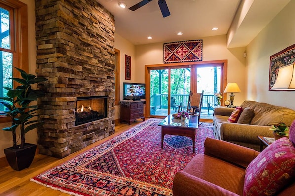 Fireplace, DVD player, table football, books