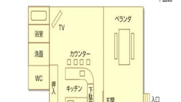 A floor plan of a hotel room with a TV, bathroom, WC, kitchen, and balcony.