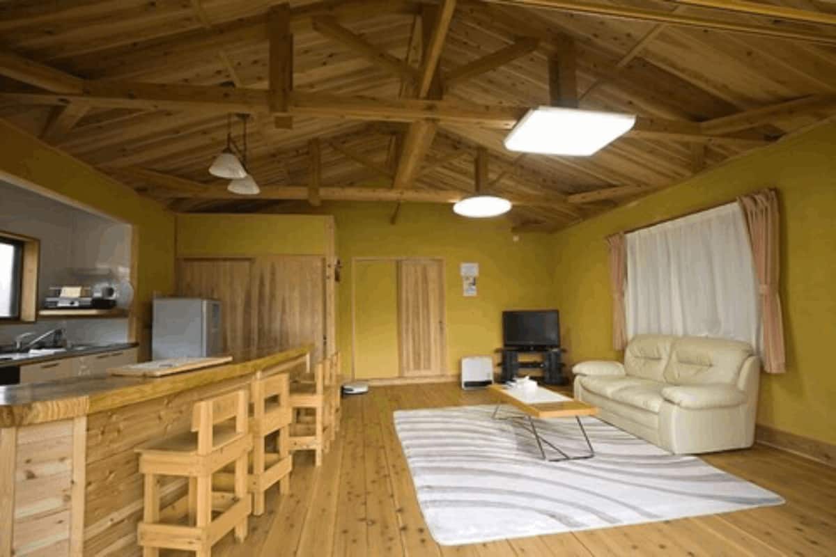 A compact room with a wooden ceiling, a kitchenette, a sofa, and a TV.