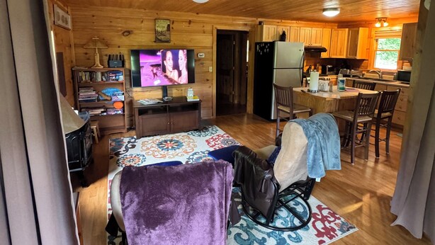 L’intérieur chaleureux d’un chalet avec un plafond en bois, un coin repas, une cuisine et un salon équipé d’une télévision et de bibliothèques.