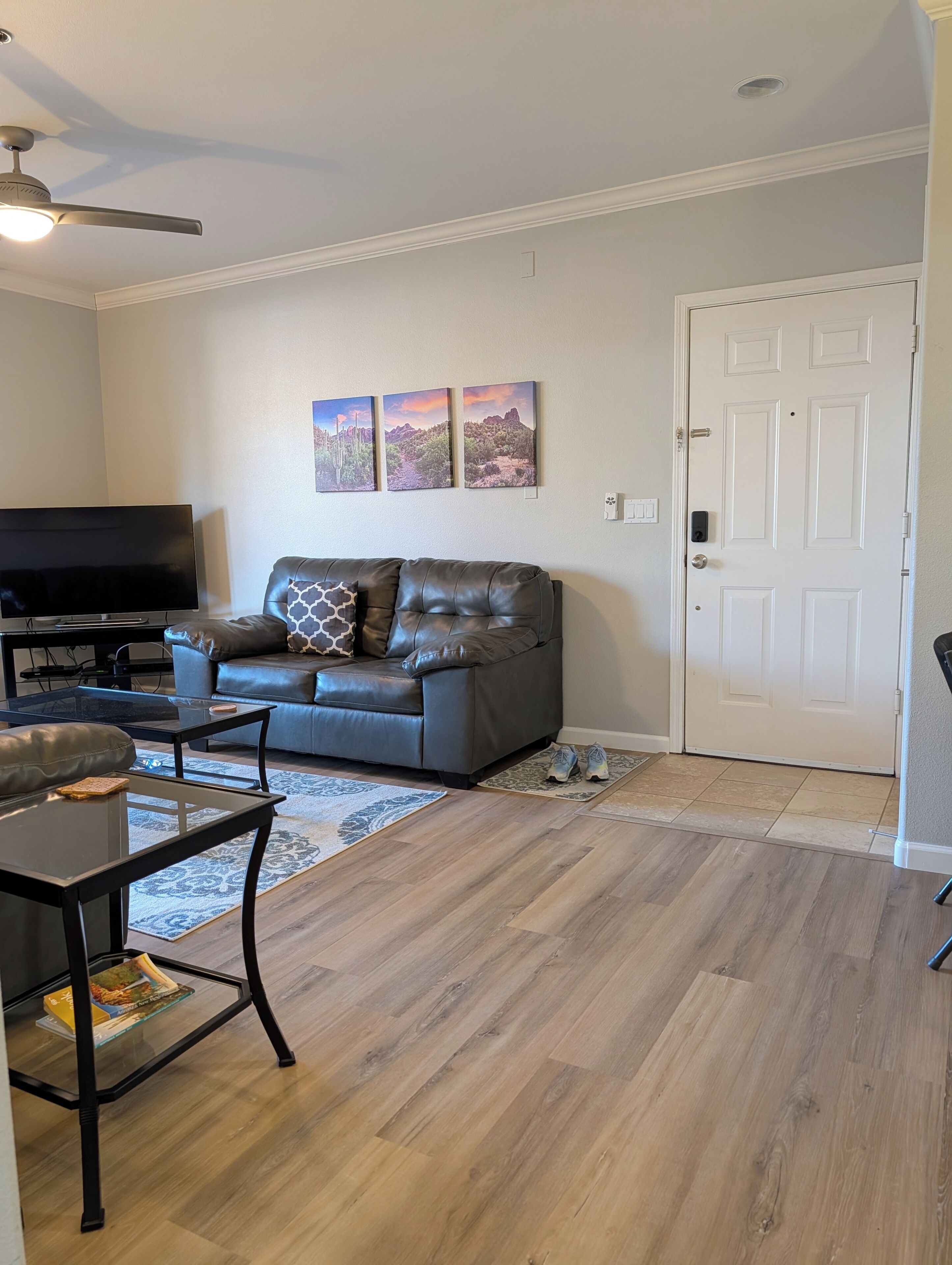 A living room with a leather sofa, a glass coffee table, a flat-screen TV, and a door.