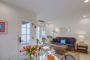 TV, fireplace, books