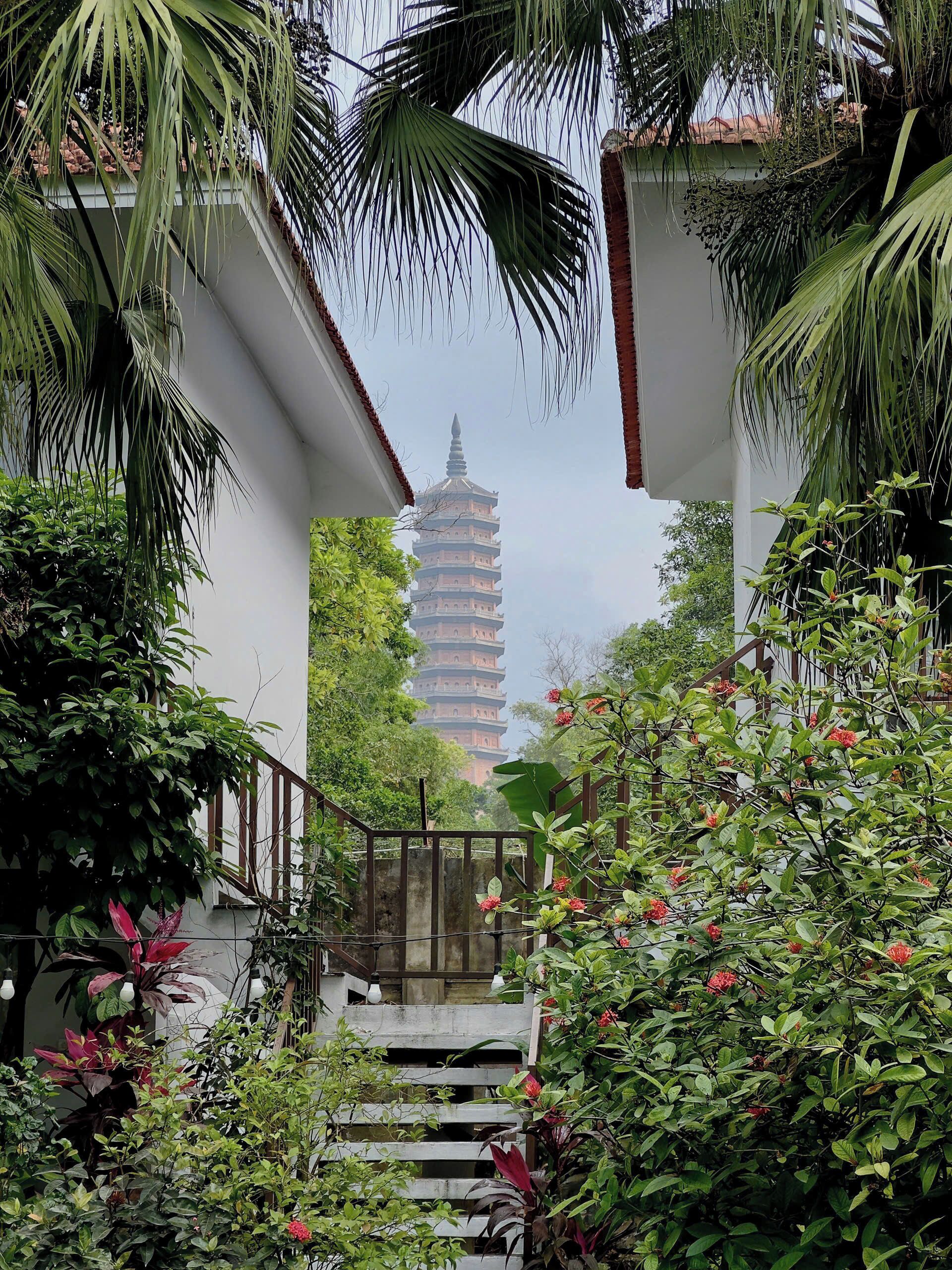 A staircase leading to a building with a pagoda-style tower in the background, surrounded by lush greenery and a metal railing.