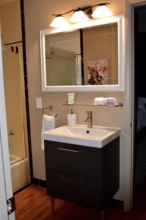 Combined shower/bathtub, hair dryer, towels, shampoo