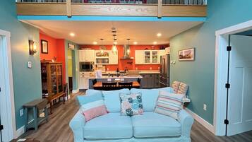 Smart TV, fireplace, DVD player, books