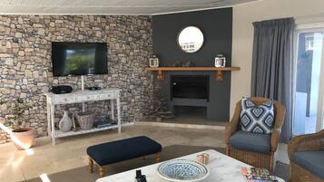 TV, lareira, DVD player, mesa de pingue-pongue