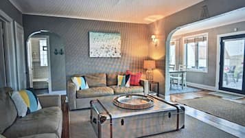 TV connectée, cheminée, lecteur de DVD, livres