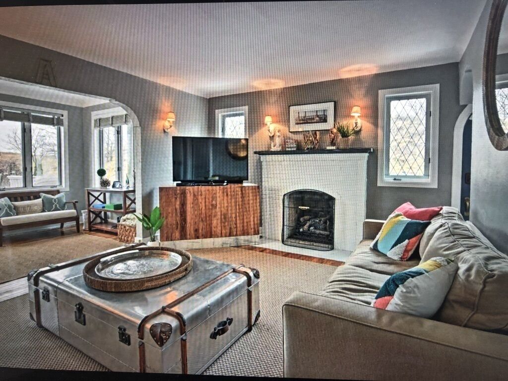 TV connectée, cheminée, lecteur de DVD, livres