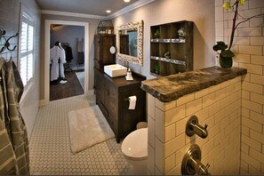 Shower, rainfall showerhead, hair dryer, slippers